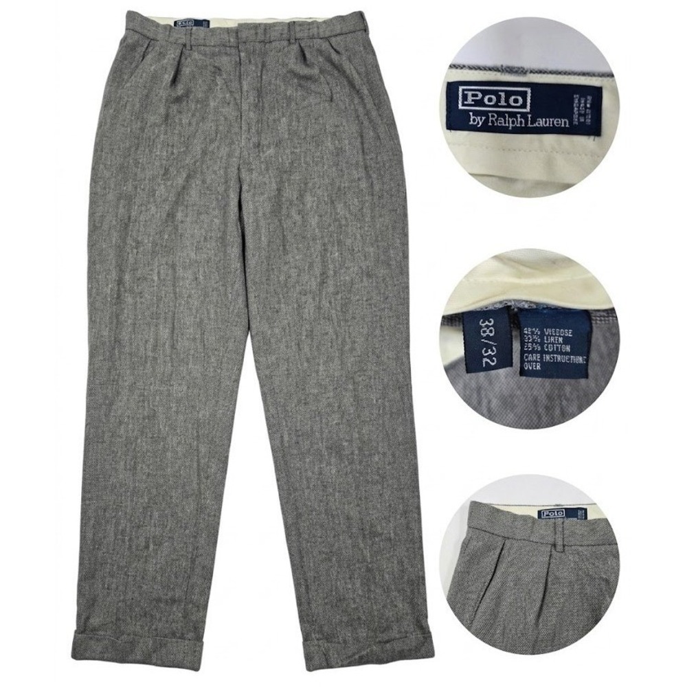 Vintage Polo Ralph Lauren Mens 38x31  Gray Linen Blend Pleated Cuffed Pants 90s
